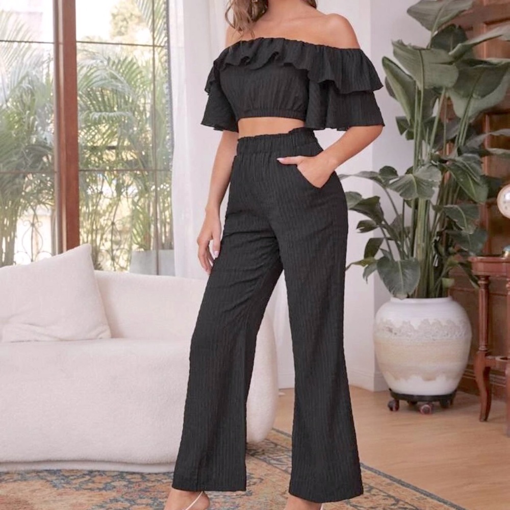 Two piece pants and and off the shoulder blouse really cute